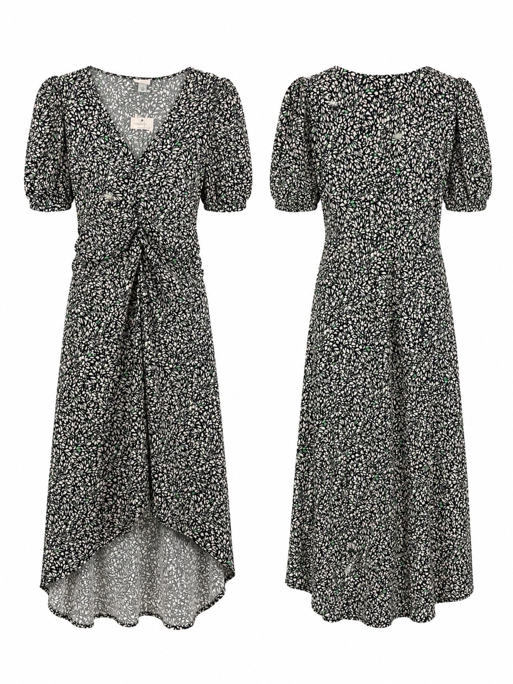 a new day Black Floral High-Low Midi Dress with Puff Sleeves Sz M